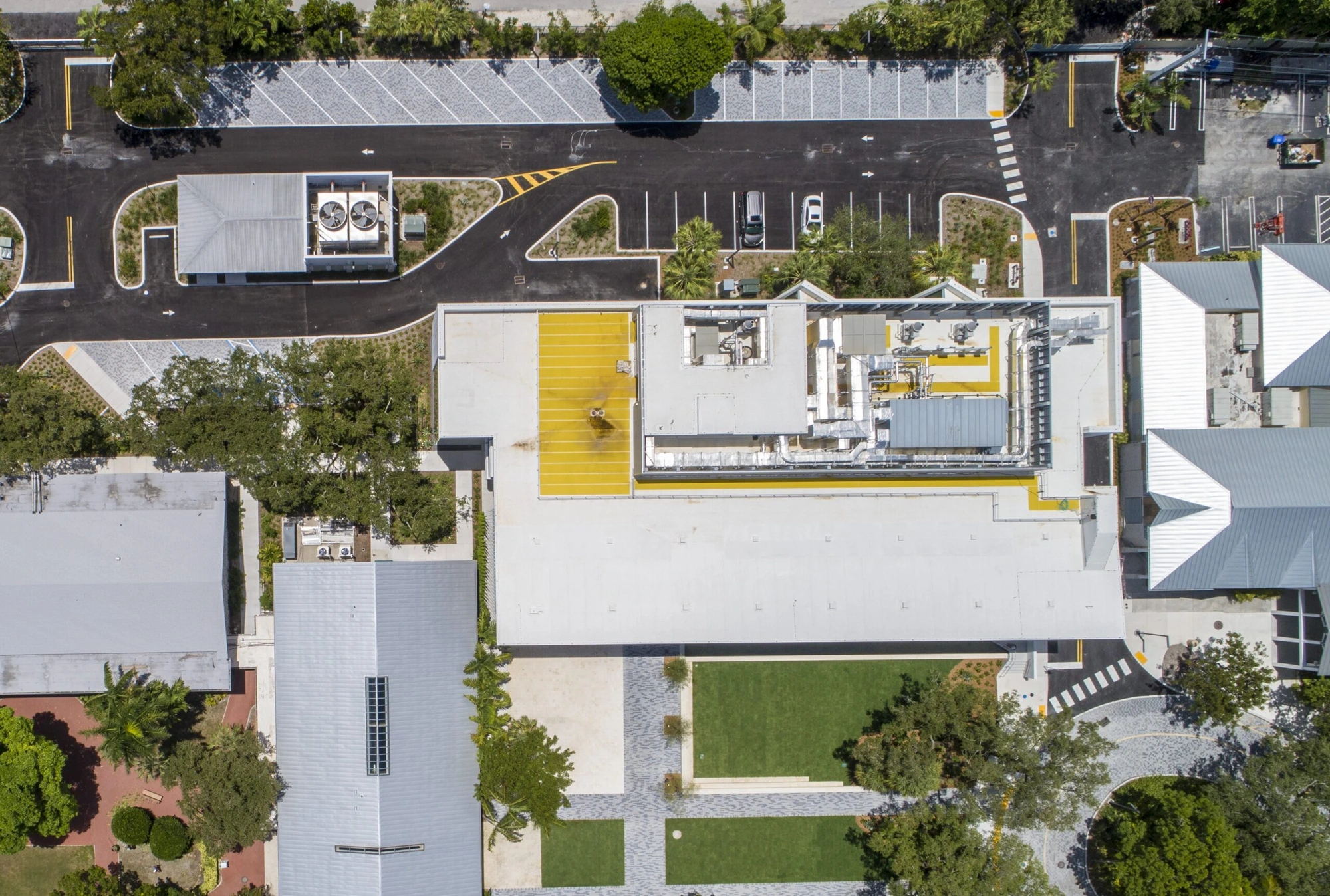 Aerial view of a Coltec Engineering rooftop HVAC installation on a Miami campus building